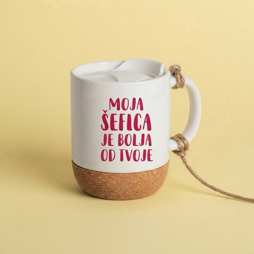 Bela šoljica sa poklopcem i plutanom osnovom i natpisom Moja šefica je bolja od tvoje